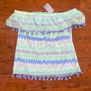 NWT Sail to Sable Blue and Green Off the Shoulder Short Sleeve Blouse Top
